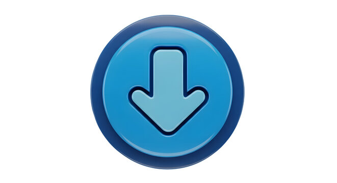 A blue circular button with a downwardpointing arrow icon, isolated on a transparent background, representing a download or direction function