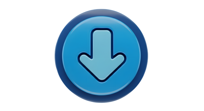 A blue circular button with a downwardpointing arrow icon, isolated on a transparent background, representing a download or direction function