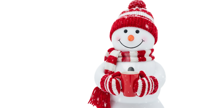 Adorable snowman with a warm drink isolated on transparent background, spreading winter cheer and cozy vibes for your holiday designs and projects