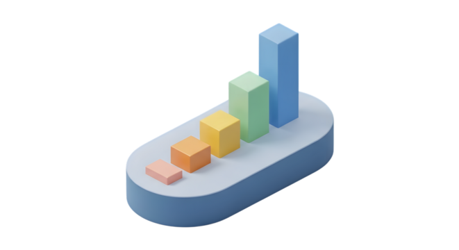 A 3d isometric illustration of a bar chart with colorful bars representing growth and progress, isolated on transparent background