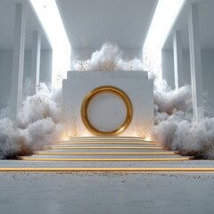 A modern, white architectural setting showcases a golden circular frame, with illuminated steps and swirling, ethereal clouds of particles.