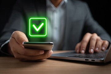 Close-up of person using smartphone with glowing checkmark, working at laptop
