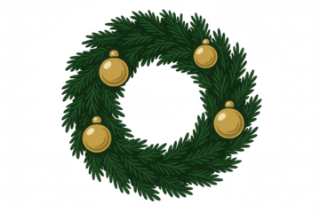 Christmas wreath decorating with golden ornaments, celebrating holiday season, evergreen branch illustration with transparent background