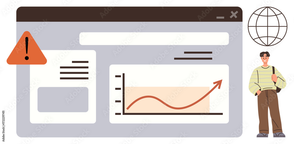 Poster browser window with graph showing upward trend, warning alert triangle, globe symbol, and casual use