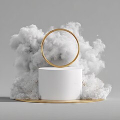 A stylish, minimalist white pedestal with a gold ring, surrounded by soft, fluffy, gray clouds, creates an elegant and modern display.
