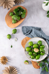 Flat lay of fresh feijoa fruit arrangement