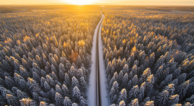 Aerial view of a snowy pine forest with a path through it, lit by the afternoon sun.