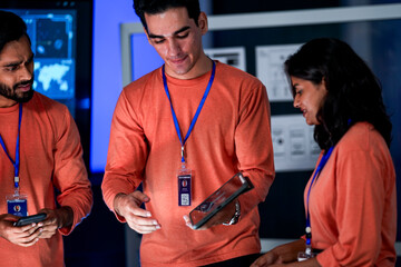 A data analytics team in a command center reviews a live security feed on a mobile device. They are collaborating on a strategy to respond to a new threat on the network.