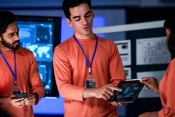 A diverse team of professionals in orange shirts works together in a high tech control room. They are looking at a tablet, discussing a new project or solving a problem.