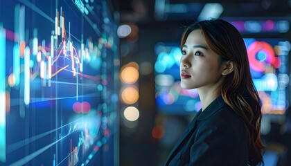 Naklejka premium Young woman stands with trading charts glowing behind her