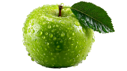Fresh green apple with water droplets isolated on transparent background