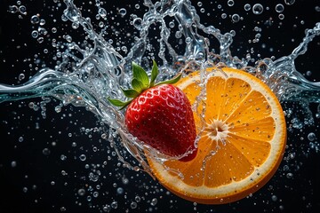 Strawberry and Orange Slices Splashing Underwater on Black Background