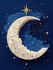 A detailed crescent moon, intricately crafted from paper, depicts a serene night sky filled with shimmering stars and soft clouds.