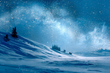 Naklejka premium A beautiful winter landscape with a magical starry night sky