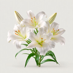 Fototapeta premium A delicate bouquet of white Easter lilies, symbolizing purity, renewal, and resurrection, capturing the essence of Easter’s religious significance.