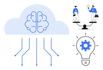 Cloud with brain and circuit lines symbolizing AI and data, two people on scales sharing ideas, lightbulb with gear suggesting innovation. Ideal for technology, teamwork, brainstorming, data, AI