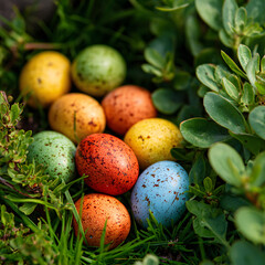 A variety of colorful Easter eggs scattered in a vibrant garden, ready for children to discover during an Easter egg hunt.