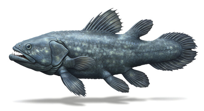 Extinct-looking coelacanth fish with detailed scales and fins, isolated on white background.