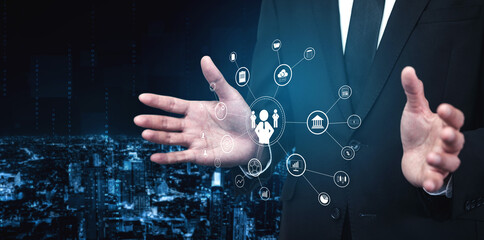 A concept of centralized business management and corporate strategy. A leadership team connecting...