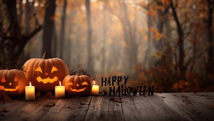 halloween pumpkins and candles on a wooden table with a blurred autumn forest background, a banner with text "Happy Halloween" Generative AI