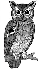 Detailed black and white illustration of an owl perched on a branch, featuring intricate feather detailing and large, expressive eyes.