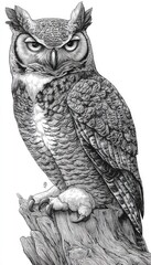 Detailed illustration of a great horned owl perched on a tree stump, showcasing intricate feather detail and a serious expression.
