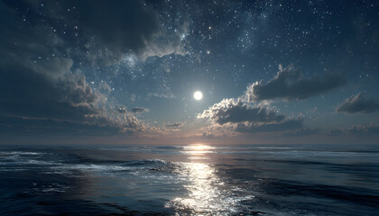 serene night over a calm ocean with bright moonlight reflecting off the water surface and dramatic clouds in the background under a starry sky