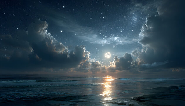 serene night over a calm ocean with bright moonlight reflecting off the water surface and dramatic clouds in the background under a starry sky