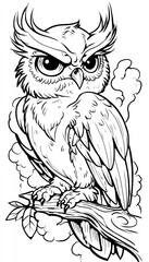 Intricate black and white illustration of a fierce owl perched on a weathered branch, showcasing detailed line work and a dramatic, stylized design.