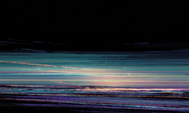 Abstract digital landscape.  Horizontal streaks of color, fading to black, resembling a glitch effect, on a dark background - Powered by Adobe