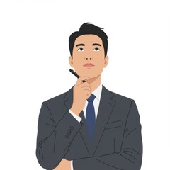 Business man thinking pose isolated on white background. Male entrepreneur or office worker in deep thought. Flat cartoon vector illustration for business, planning, and decision making concepts.