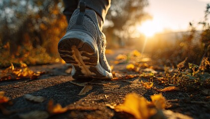 Close-up of person walking on a path strewn with autumn leaves, sunlight shining through trees