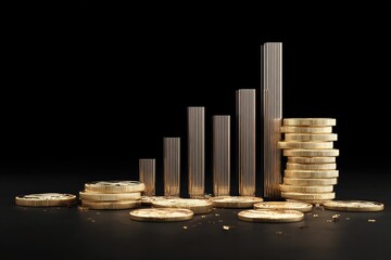 Gold coins and a rising bar graph on a dark background.  Transparent,  gold-hued bar graph ascending against a backdrop of scattered gold coins, signifying financial growth