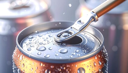 A close-up captures the condensation-covered surface of a soda can as it's being opened with a metal opener. Another blurred can sits in the background