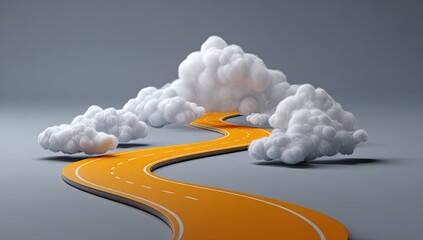 A stylized, curved orange road winding through a landscape of fluffy white clouds against a neutral gray backdrop
