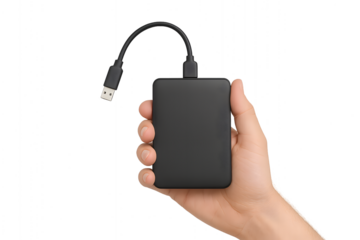 Hand holding a black external hard drive, USB. 