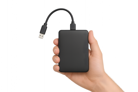 Hand holding a black external hard drive, USB. 