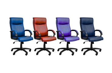 Obraz premium Colorful Office Chairs – Ergonomic High-Back Seating in Blue, Red, Purple, and Dark Blue