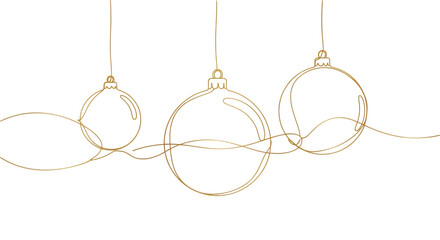 Elegant christmas balls isolated on transparent background, drawn with a single golden line, creating a minimalist and festive holiday season design
