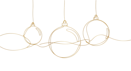 Elegant christmas balls isolated on transparent background, drawn with a single golden line, creating a minimalist and festive holiday season design