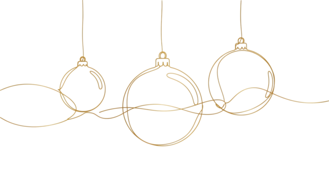 Elegant christmas balls isolated on transparent background, drawn with a single golden line, creating a minimalist and festive holiday season design