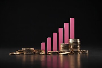 Stacked gold coins, pink rising bar graph