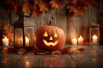 Obraz premium halloween pumpkins on wooden floor. jack-o-lanternon empty wooden background. Halloween pumpkin decoration border.