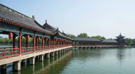 A serene, long, covered bridge over a calm lake, featuring traditional Chinese architecture
