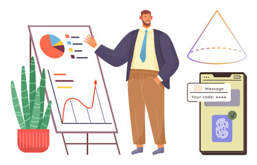 Man presenting data on a chart, biometric phone authentication, secure message, plant, geometric cone. Ideal for business analysis, growth strategy, cybersecurity, workplace communication