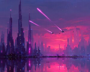 Futuristic City At Pink Sunset With Flying Vehicles