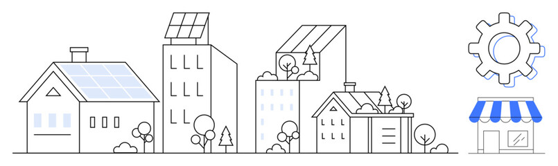 Obraz na płótnie Canvas Solar panels on homes and buildings, trees, small shop, and gear icon. Ideal for sustainability, green energy, urban planning, eco-friendly lifestyle, community development innovation simple flat