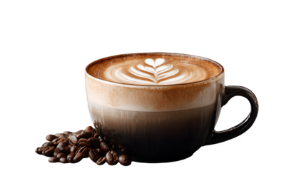 Latte art with coffee beans isolated on transparent background