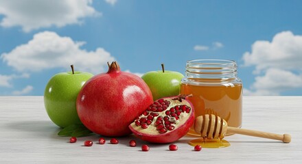 Festive Rosh Hashanah Still Life with Apples, Pomegranate, and Honey Jar against a Cloudy Sky
