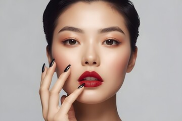 Face of a asian woman with beautiful dark nails and red lips.